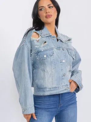 WOMEN'S LONG SLEEVE BUTTON CLOSURE FRONT POCKETS DISTRESS DENIM STUDS JACKET
