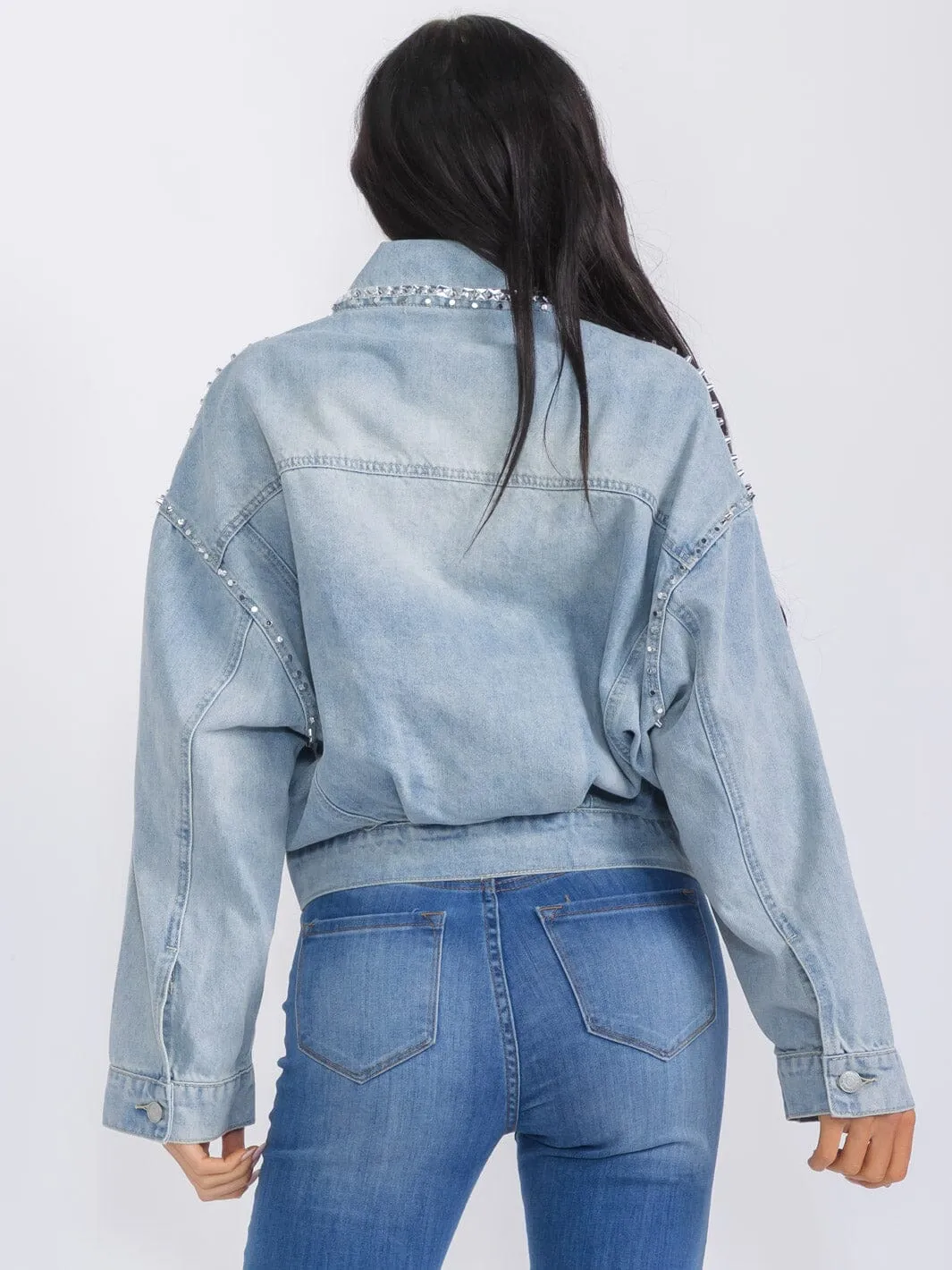 WOMEN'S LONG SLEEVE BUTTON CLOSURE FRONT POCKETS DISTRESS DENIM STUDS JACKET