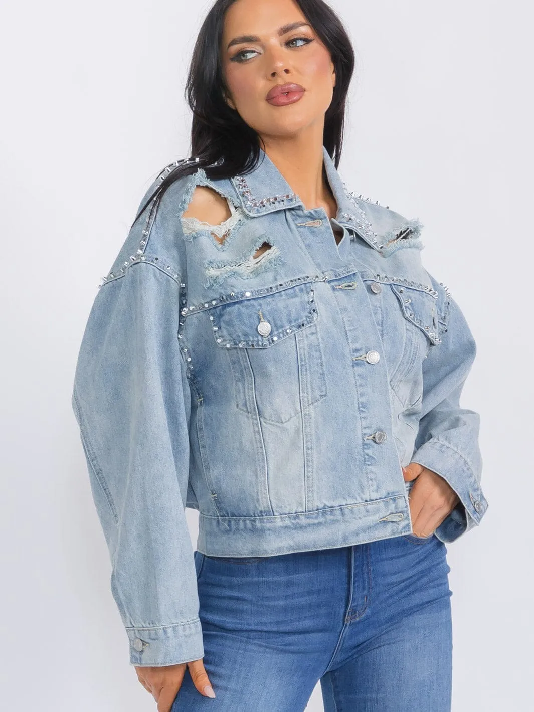 WOMEN'S LONG SLEEVE BUTTON CLOSURE FRONT POCKETS DISTRESS DENIM STUDS JACKET