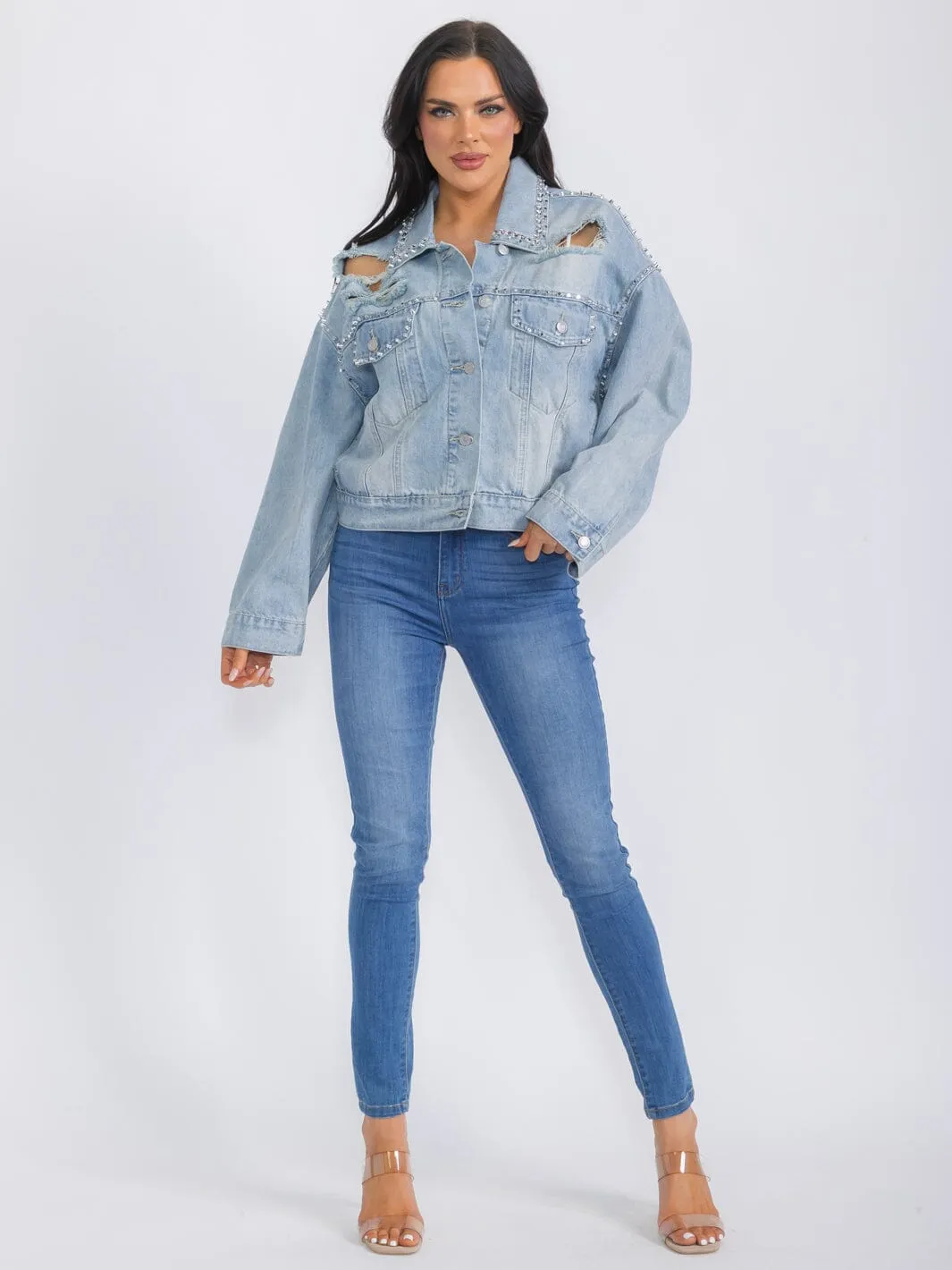 WOMEN'S LONG SLEEVE BUTTON CLOSURE FRONT POCKETS DISTRESS DENIM STUDS JACKET