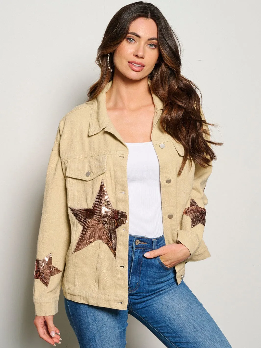WOMEN'S LONG SLEEVE BUTTON CLOSURE STARS POCKETS DENIM JACKET