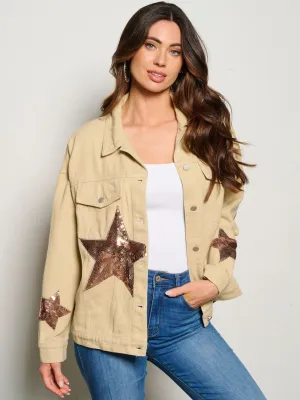 WOMEN'S LONG SLEEVE BUTTON CLOSURE STARS POCKETS DENIM JACKET