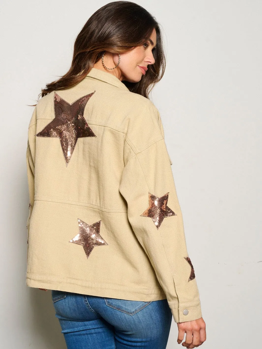 WOMEN'S LONG SLEEVE BUTTON CLOSURE STARS POCKETS DENIM JACKET