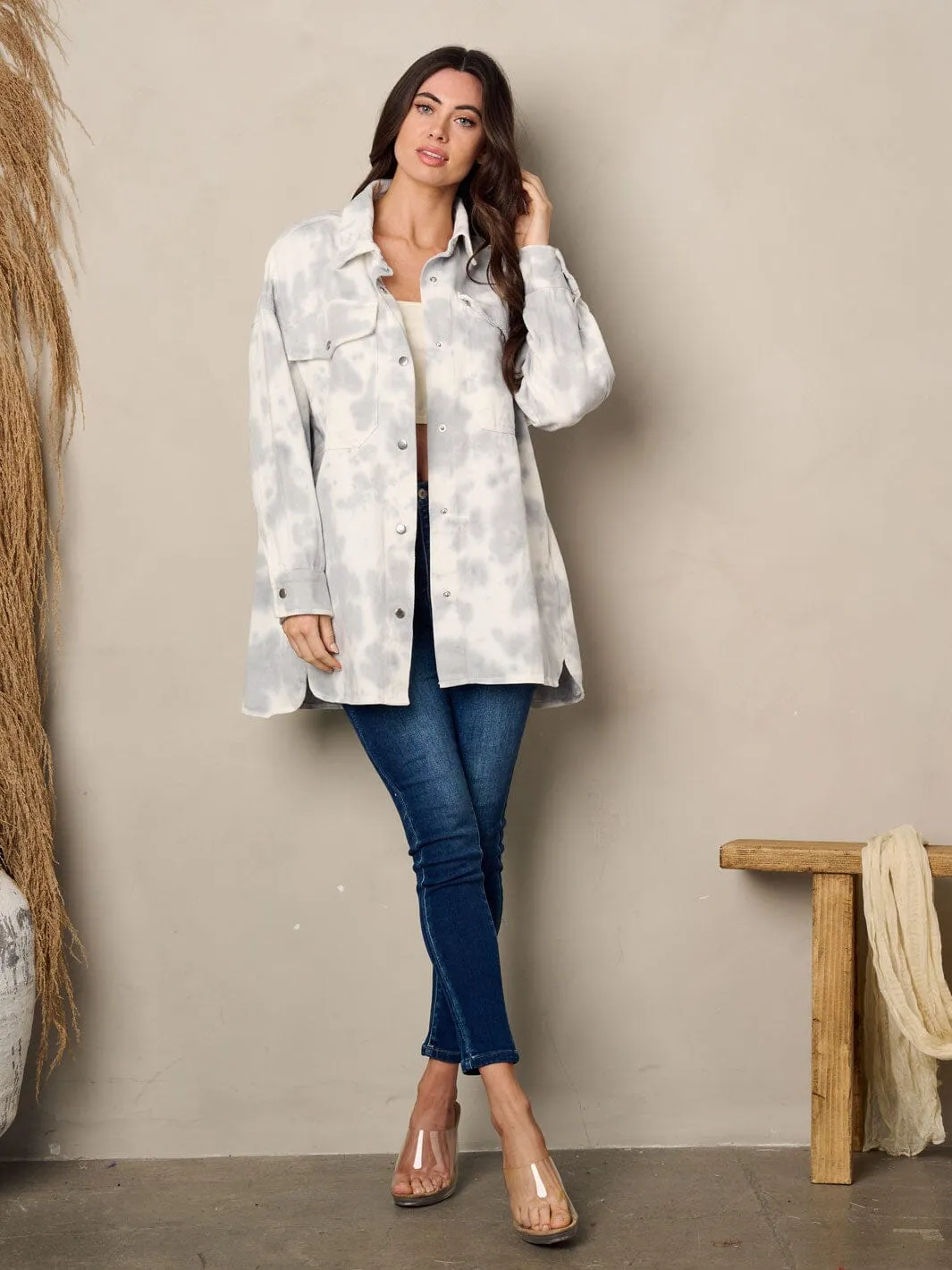 WOMEN'S LONG SLEEVE BUTTON UP TIE DYE DENIM JACKET