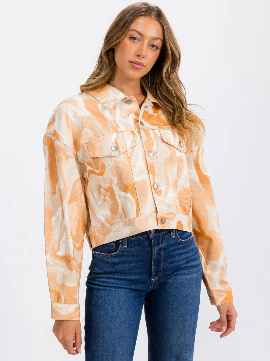 WOMEN'S LONG SLEEVE BUTTON UP TIE DYE DENIM JACKET