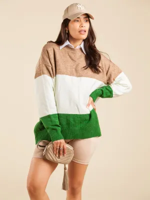 WOMEN'S LONG SLEEVE COLORBLOCK KNITTED PULLOVER SWEATER