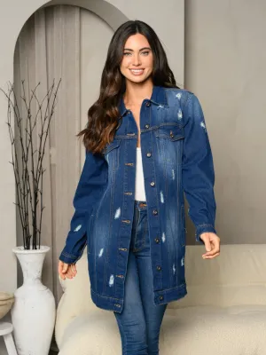 WOMEN'S LONG SLEEVE DENIM BUTTON UP DISTRESS DRESS JACKET