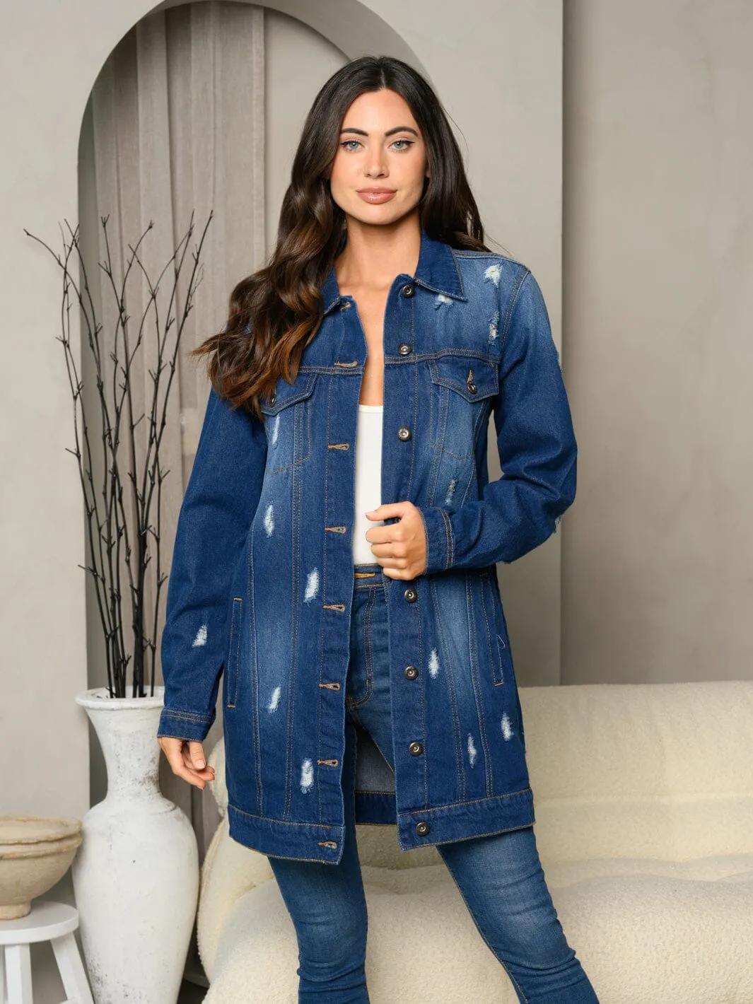 WOMEN'S LONG SLEEVE DENIM BUTTON UP DISTRESS DRESS JACKET