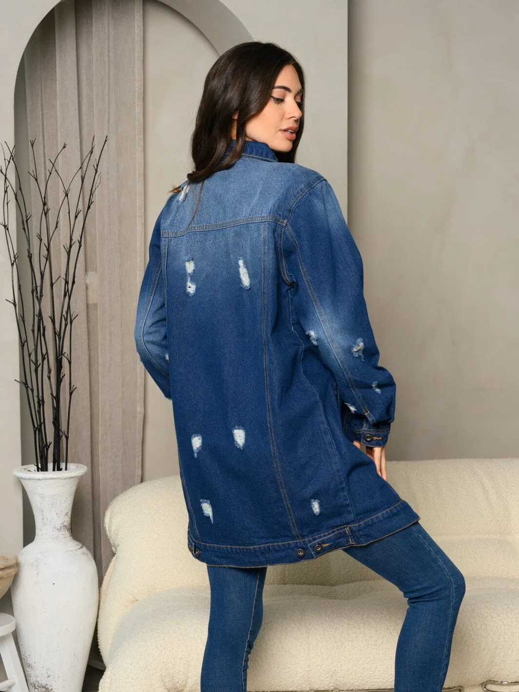WOMEN'S LONG SLEEVE DENIM BUTTON UP DISTRESS DRESS JACKET