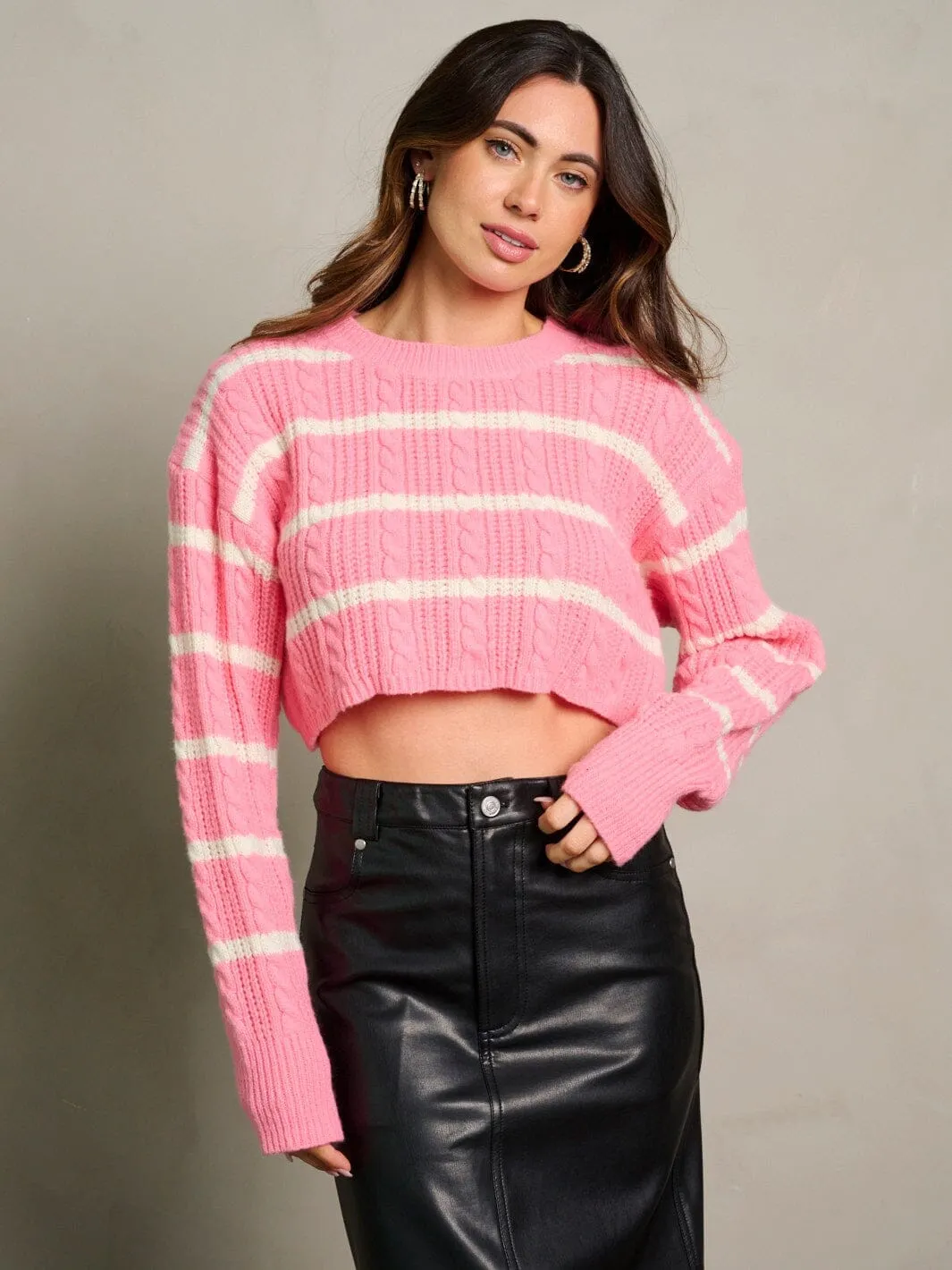 WOMEN'S LONG SLEEVE KNITTED COLORBLOCK CROP TOP