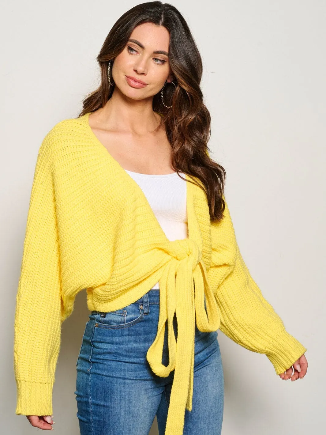 WOMEN'S LONG SLEEVE SELF TIE KNITTED CARDIGAN