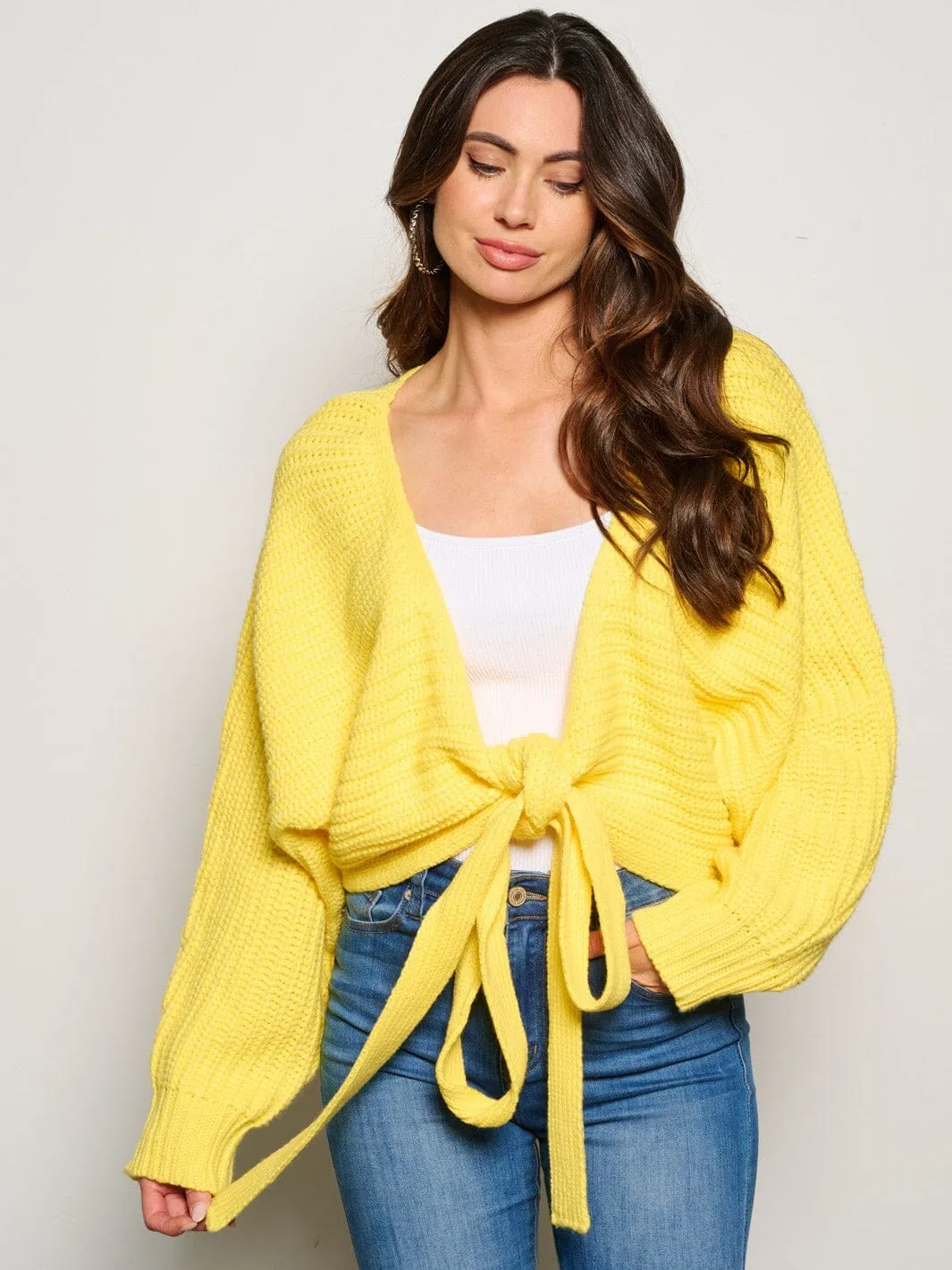 WOMEN'S LONG SLEEVE SELF TIE KNITTED CARDIGAN