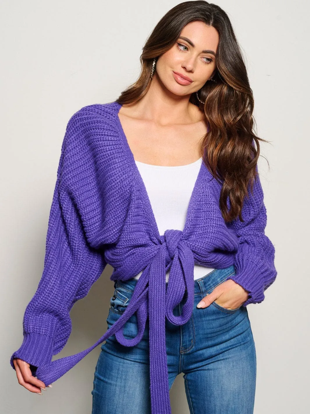 WOMEN'S LONG SLEEVE SELF TIE KNITTED CARDIGAN