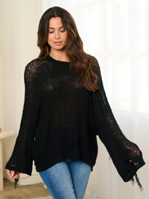 WOMEN'S LONG SLEEVES FRINGE DETAILES KNITTED TOP