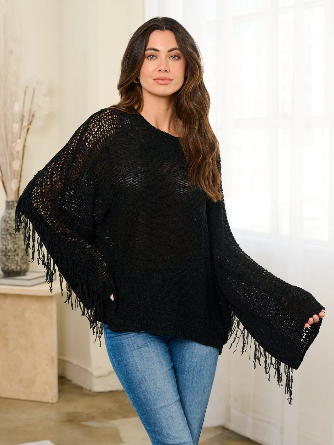 WOMEN'S LONG SLEEVES FRINGE DETAILES KNITTED TOP