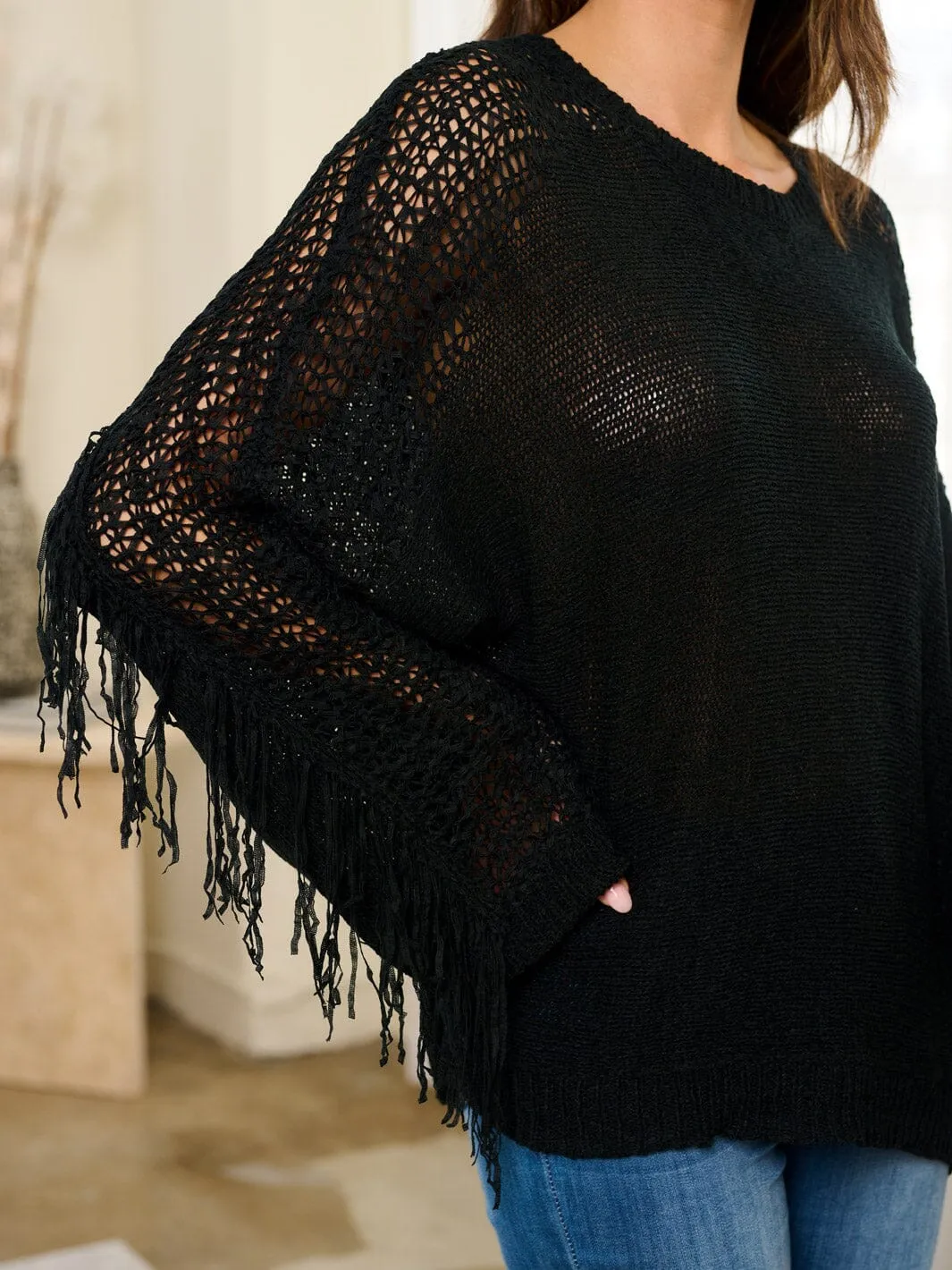WOMEN'S LONG SLEEVES FRINGE DETAILES KNITTED TOP
