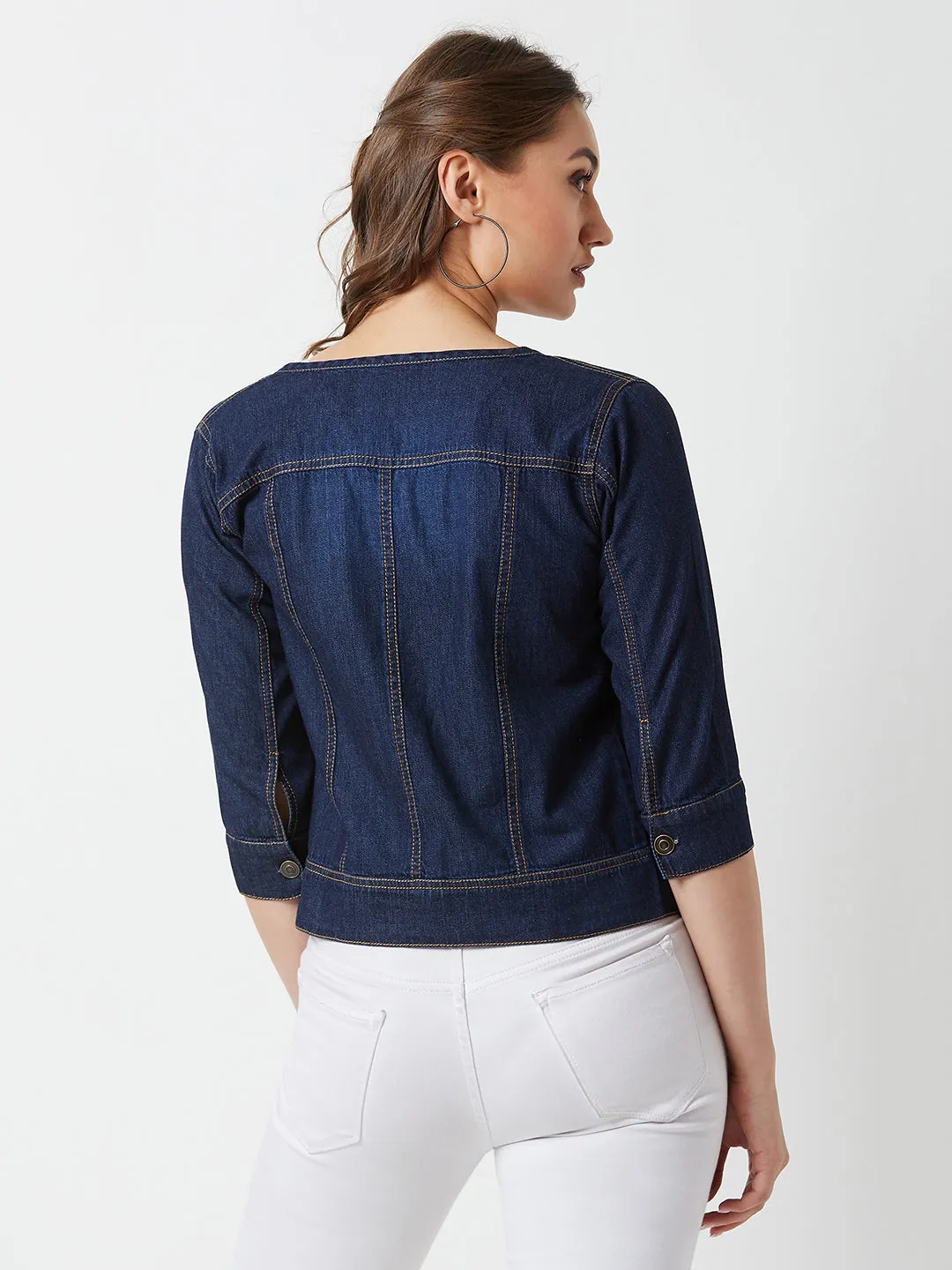 Women's Navy Round Neck 3/4 Sleeves Denim Solid Cropped Jacket