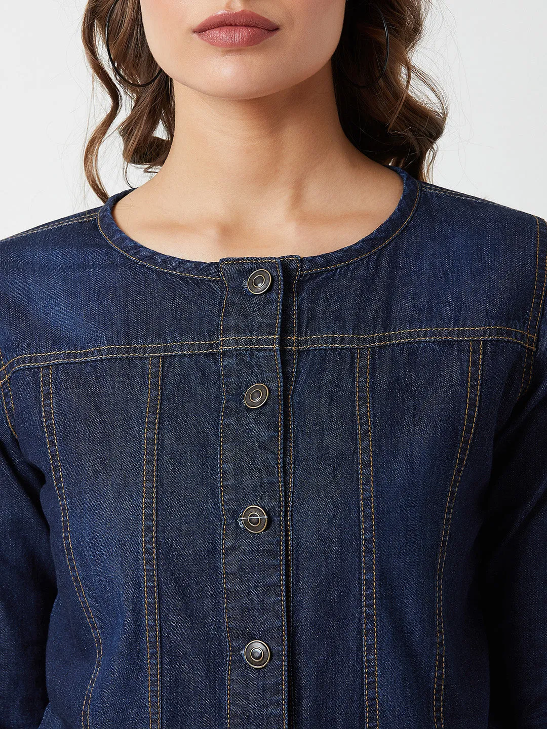 Women's Navy Round Neck 3/4 Sleeves Denim Solid Cropped Jacket