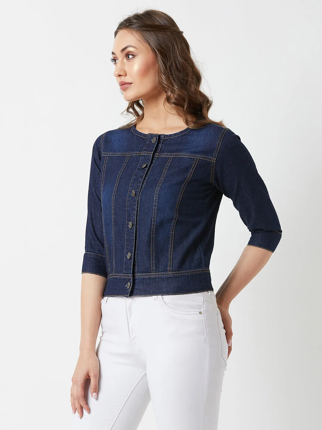 Women's Navy Round Neck 3/4 Sleeves Denim Solid Cropped Jacket