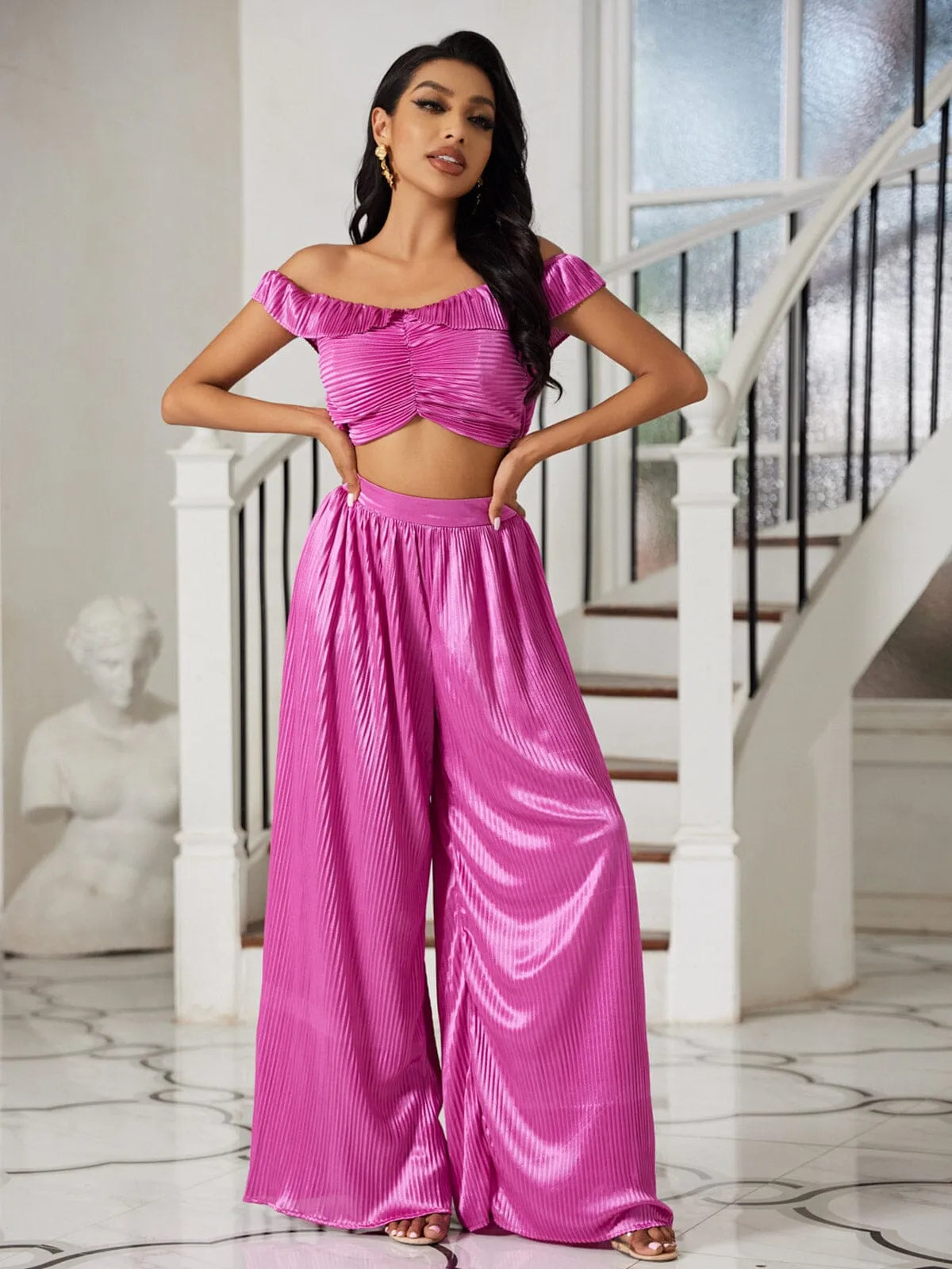 WOMEN'S OFF SHOULDER CROP TOP & WIDE LEG PANTS PLEATED 2PC. SET