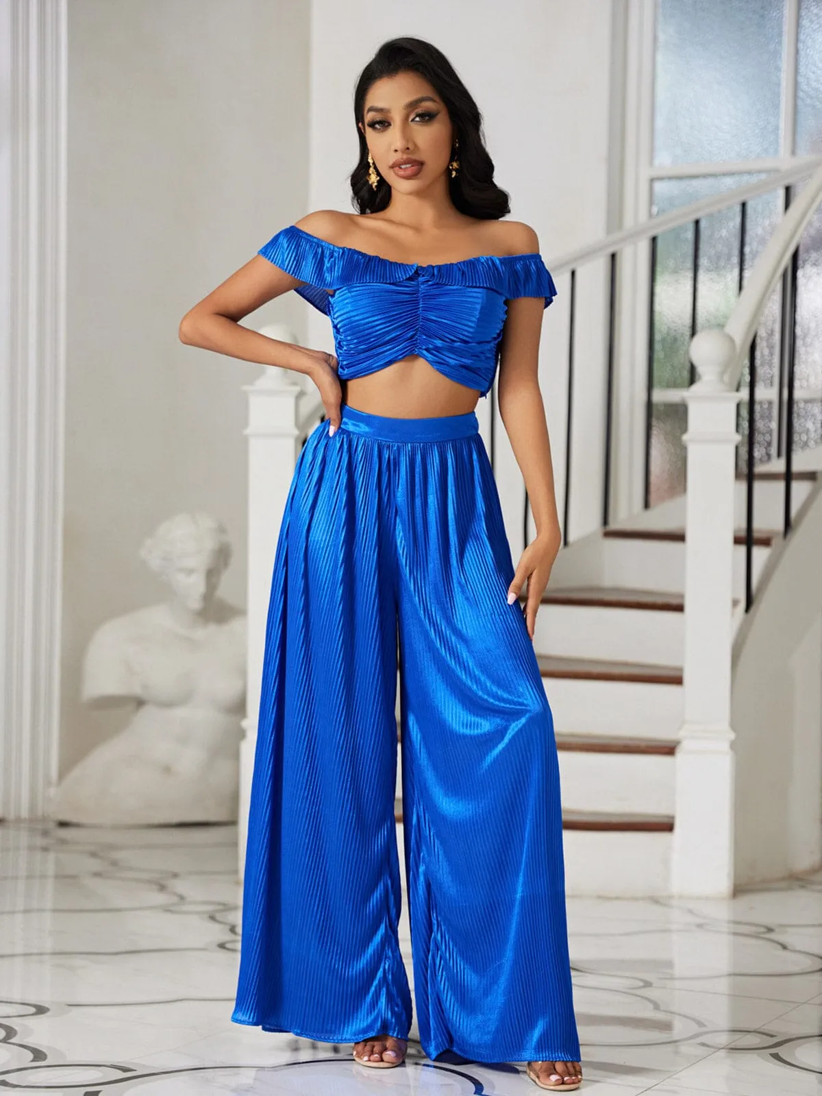 WOMEN'S OFF SHOULDER CROP TOP & WIDE LEG PANTS PLEATED 2PC. SET