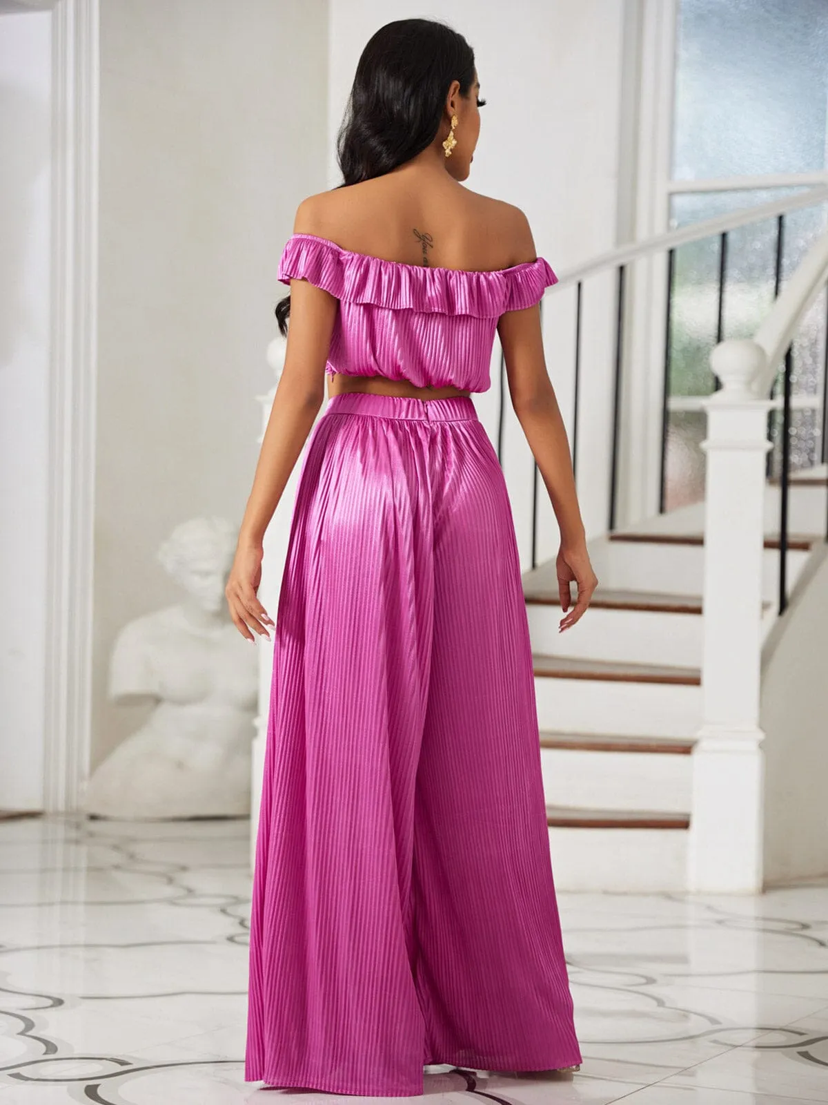 WOMEN'S OFF SHOULDER CROP TOP & WIDE LEG PANTS PLEATED 2PC. SET