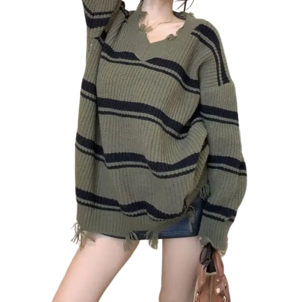 Women's Raw Edge Striped Knitted Sweater