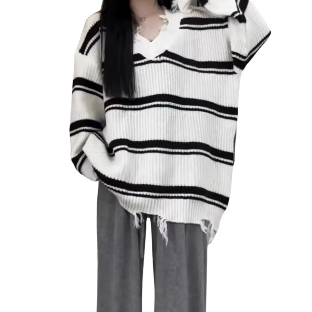 Women's Raw Edge Striped Knitted Sweater