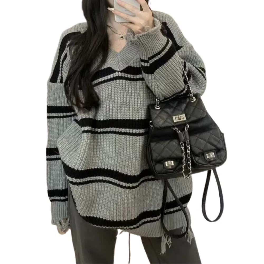 Women's Raw Edge Striped Knitted Sweater