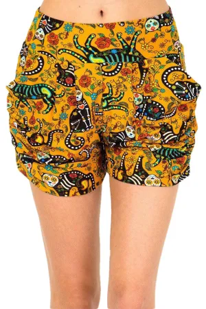 Women’s Regular Cat Sugar Skull Printed Pleated Pockets Harem Shorts
