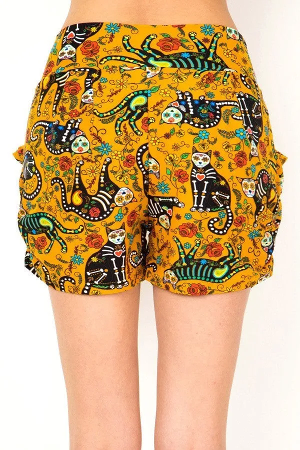 Women’s Regular Cat Sugar Skull Printed Pleated Pockets Harem Shorts