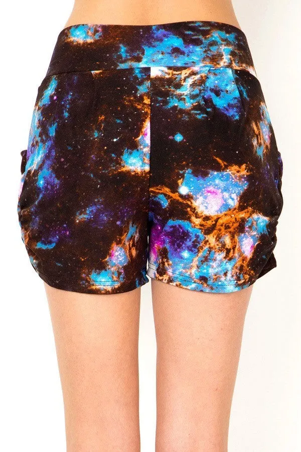 Women’s Regular Colorful Galaxy Tie Dye Printed Pleated Pockets Harem Shorts
