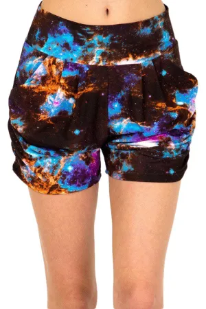 Women’s Regular Colorful Galaxy Tie Dye Printed Pleated Pockets Harem Shorts
