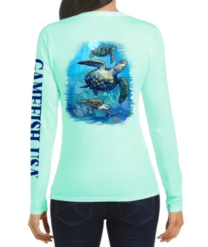 Women's UPF 50 Lightweight Microfiber Moisture Wicking Performance Fishing Shirt Turtles