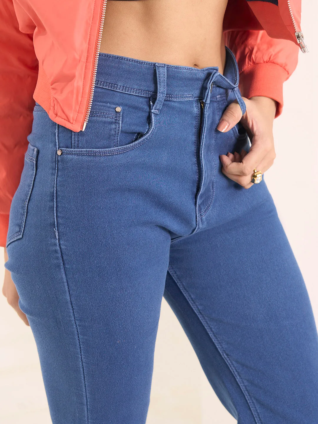 ZOLA Exclusive Denim Clean Look Stretchable Frayed Hems Stone Blue Boot Cut Jeans For Women