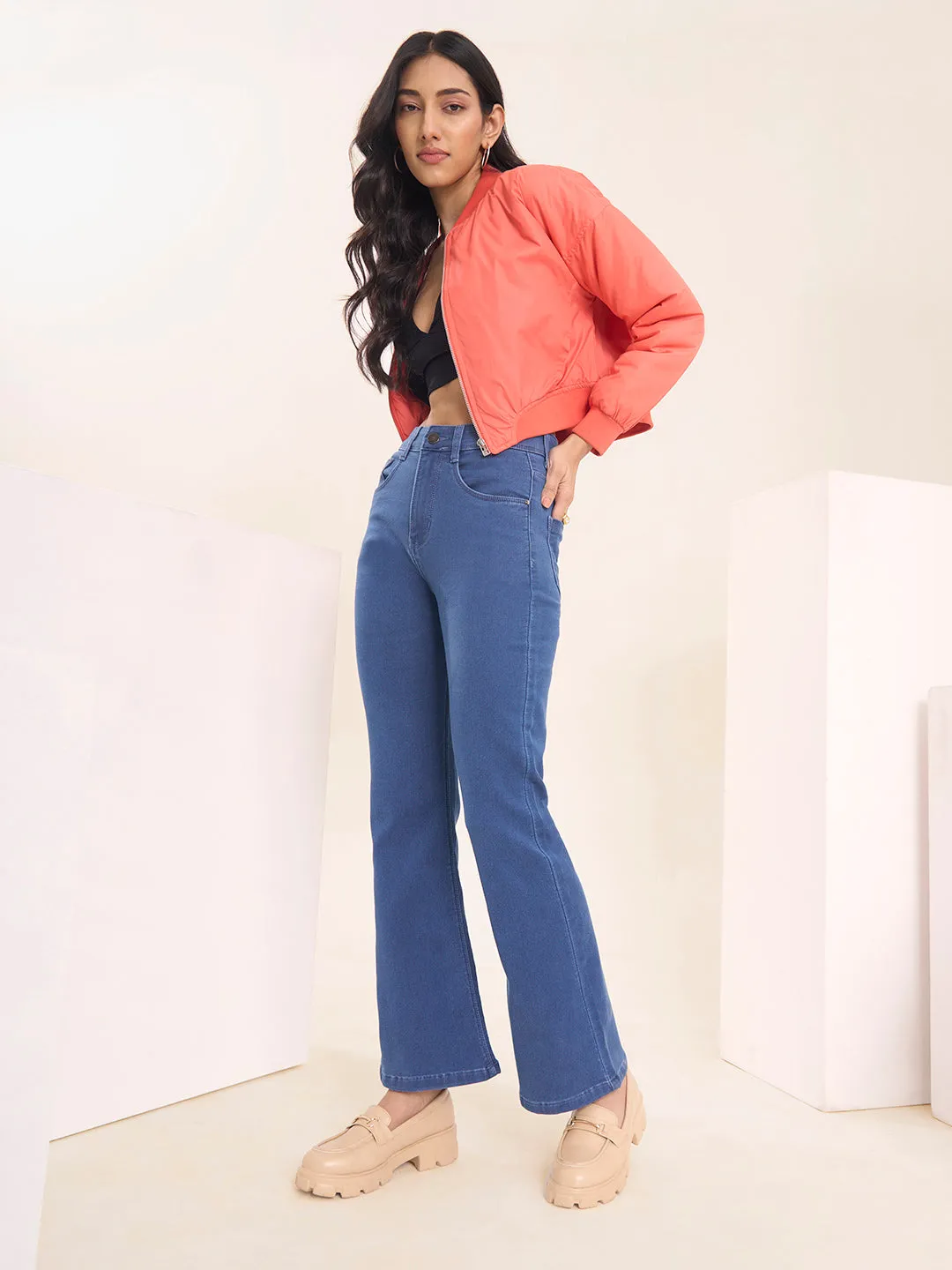 ZOLA Exclusive Denim Clean Look Stretchable Frayed Hems Stone Blue Boot Cut Jeans For Women