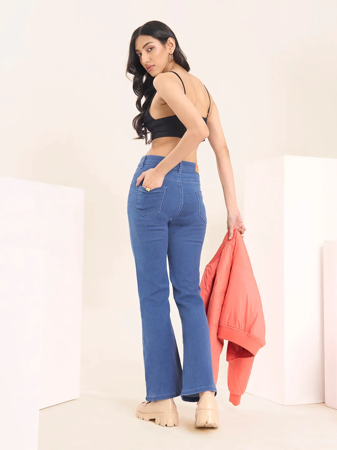 ZOLA Exclusive Denim Clean Look Stretchable Frayed Hems Stone Blue Boot Cut Jeans For Women