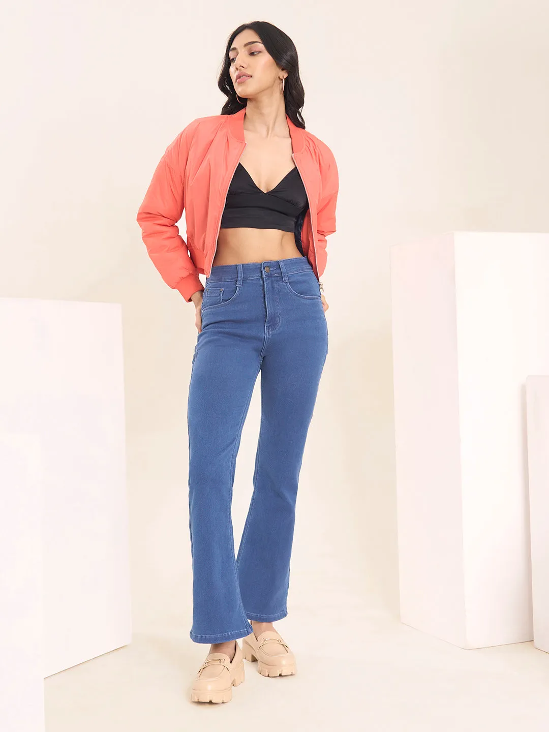 ZOLA Exclusive Denim Clean Look Stretchable Frayed Hems Stone Blue Boot Cut Jeans For Women